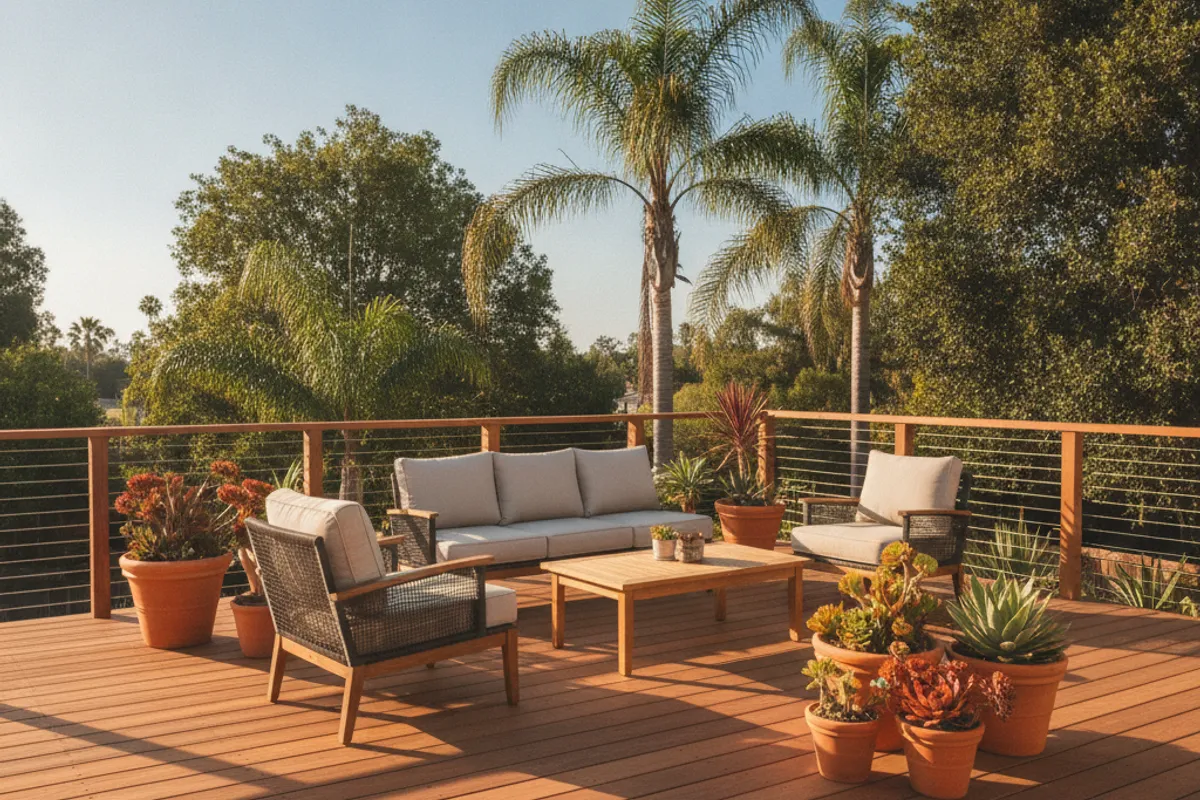 Backyard deck with outdoor seating and cable railing